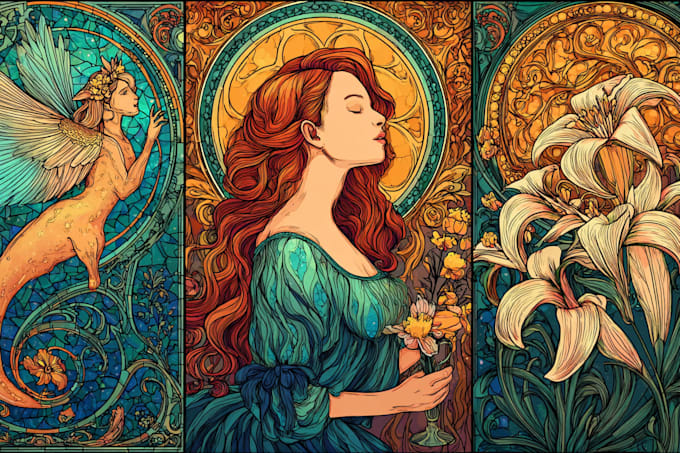 draw fantasy stained glass art classic line art mosaic art nouveau dark art