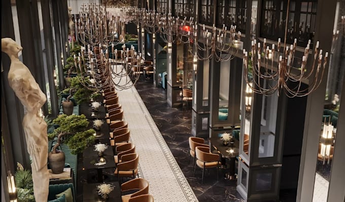 design 3d functional,elegant restaurant layout, concept,bar,cafe interior render