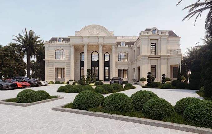 redesign classic,neoclassical villa,tower,basement parking,rooftop terrace,cgi