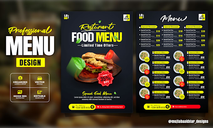 a professional restaurant, food, or digital menu design for print or online use