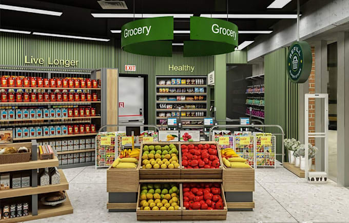 restyle 3d grocery store interior, supermarket render,mart design,space plan,cgi