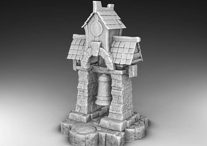design 3d terrain bell tower, shrine, medieval, diorama render, for 3d printing