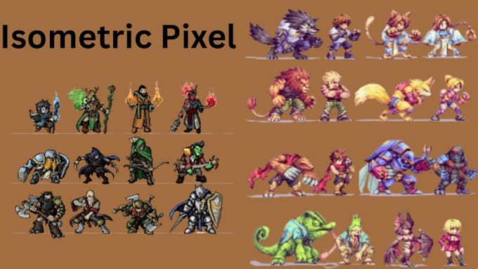 do isometric pixel art assets,game character,sprite sheet and background