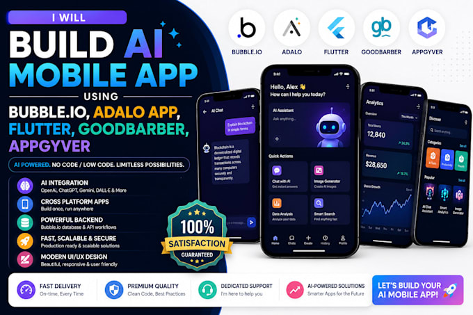 build ai mobile app using bubble io, adalo app, flutter, goodbarber, appgyver
