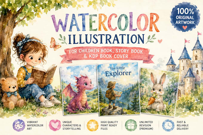 draw watercolor illustration for children book, story book and kdp book cover