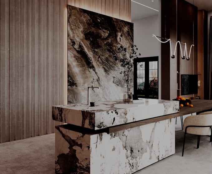 create realistic 3d renders of modern kitchen, cabinets, sink, appliances