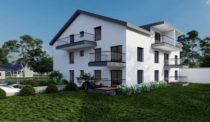 design 3d residential building,garden landscape, house elevation,exterior render