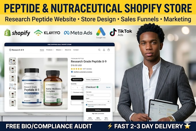 design peptide shopify store research peptide website peptide marketing ads