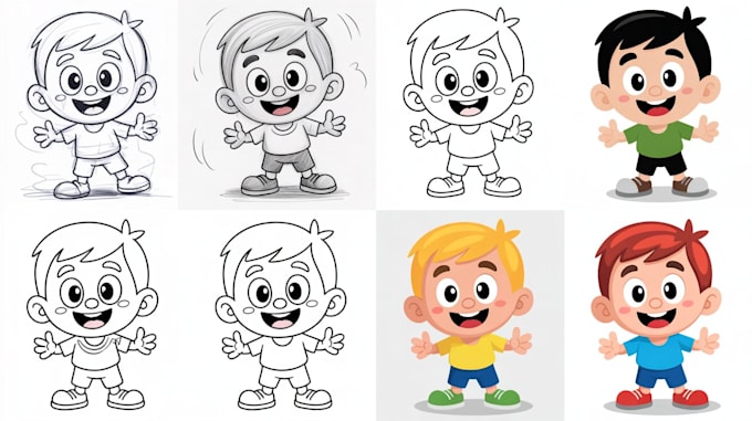 sketch, outline and color cartoon illustrations