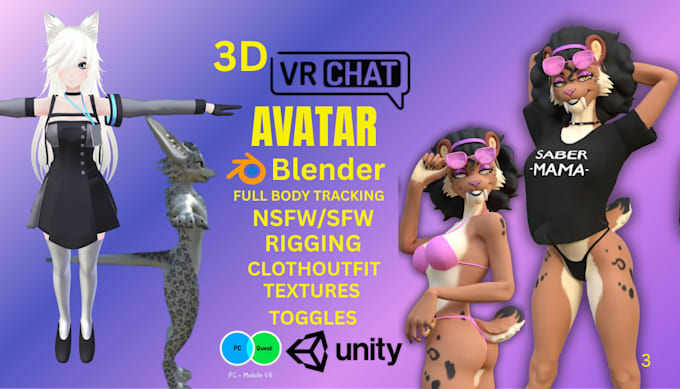 create  custom 3d vrchat character model, furry avatar, vseeface, sfm, vrm model