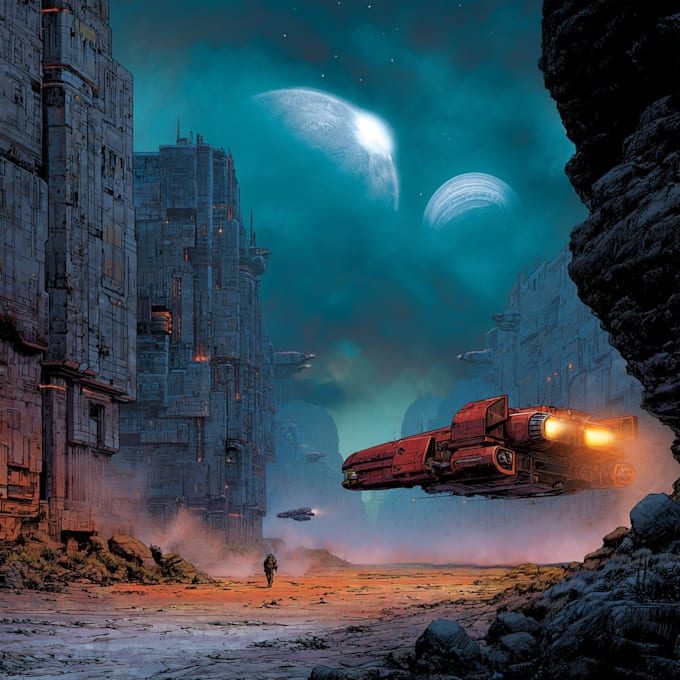 draw epic sci fi artwork with spaceships and planets