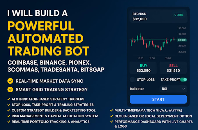 build automated coinbase bot, binance, pionex, 3commas, tradesanta, bitsgap bot