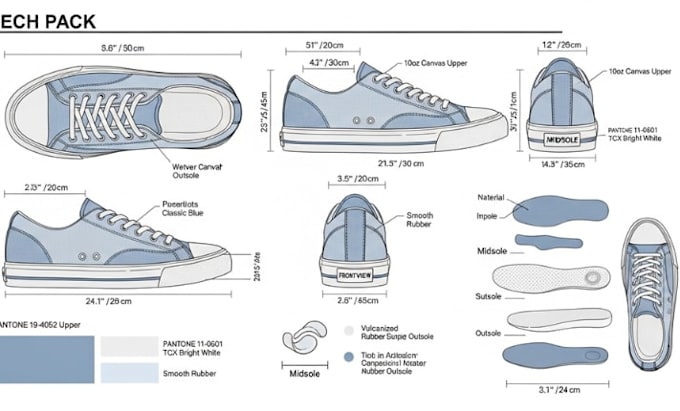 create a professional footwear tech pack specification
