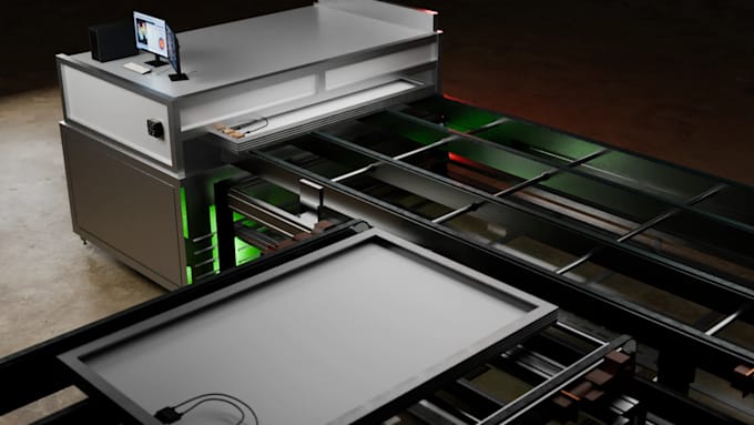 create 3d industrial process animation, solar renewable factory workflow video