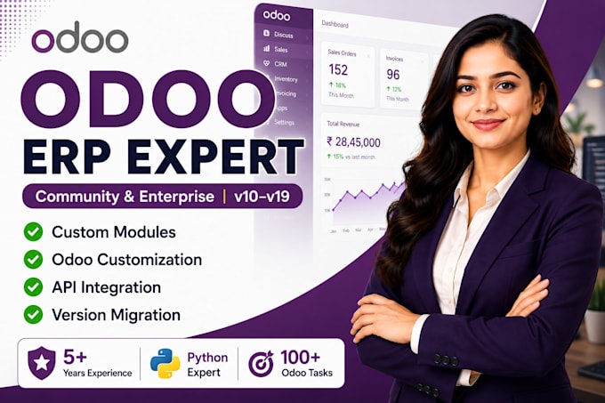 develop custom odoo modules, fix bugs and integrate apis