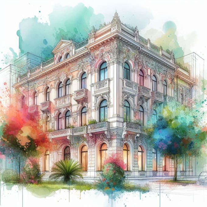 sketch architecture building with watercolor rendering