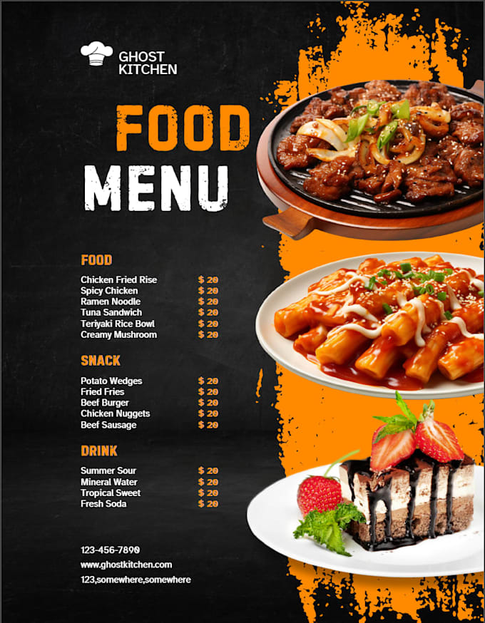 create an elegant canva restaurant menu or ghost kitchen menu