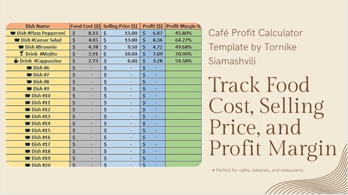 create a food cost calculator, menu costing and excel dashboard