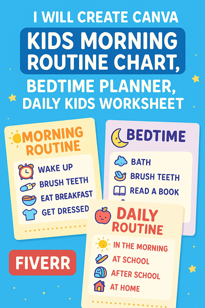 create canva kids morning routine chart, bedtime planner and daily worksheet