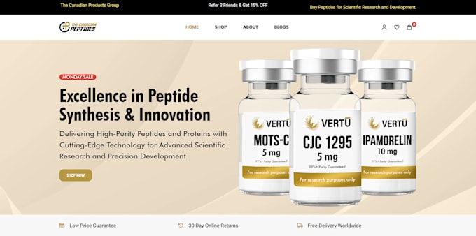 build private label peptide website, biohacking store with peptides vial mockup