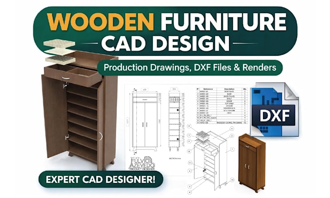 create wooden furniture production drawings, dxf files, and realistic renders