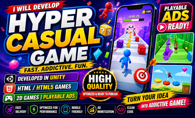 develop a hyper casual game in unity, HTML or HTML5, 2d game, playable ads