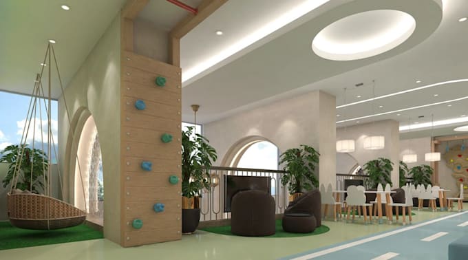 visualize 3d modern kids cafe,christmas restaurant render,play area, cake booth
