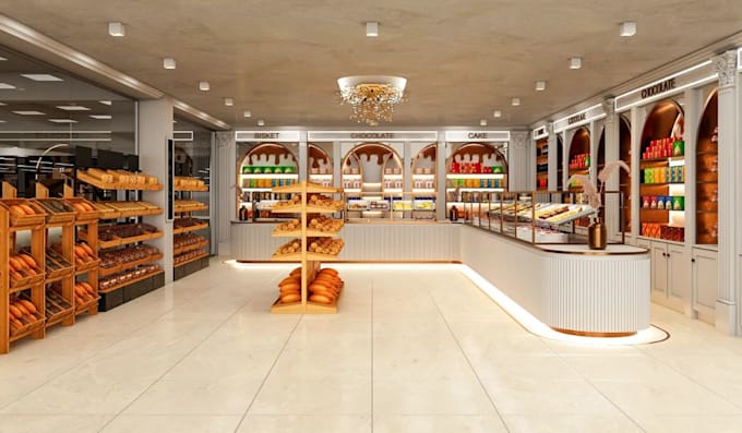 setup 3d cgi bakery shop interior,dessert lounge design,storefront render,layout