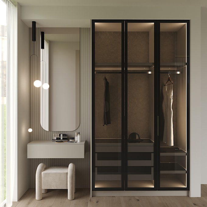 design wardrobe, shelf or walk in closet with realistic 3d design