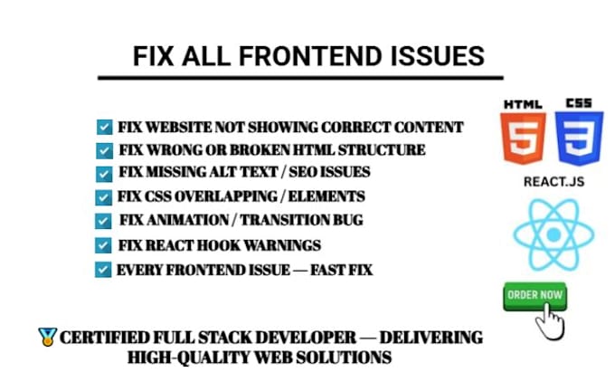 fix your website bugs, HTML CSS react frontend issues