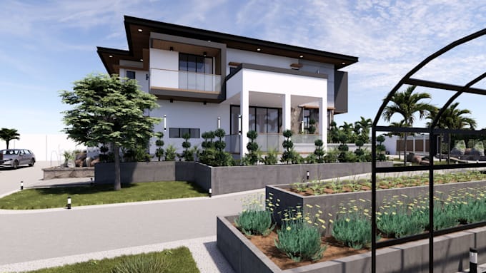 design landscape, garden, pool, pergola and 3d rendering