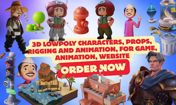 make lowpoly 3d character, props, rigging animation for game, website in blender
