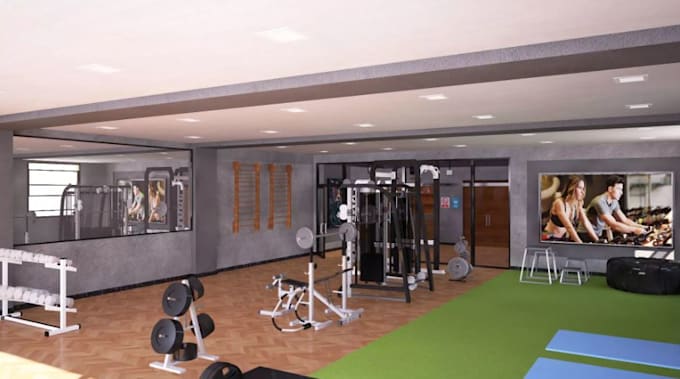 Redesign 3d minimalist gym interior,open plan office,workout facility ...