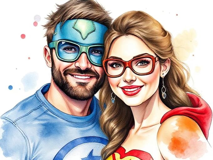 make watercolor super hero couple portrait