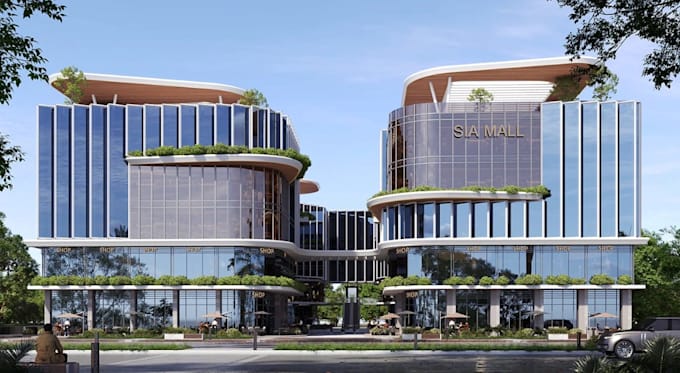 remodel 3d commercial building, shopping complex design, exterior park rendering