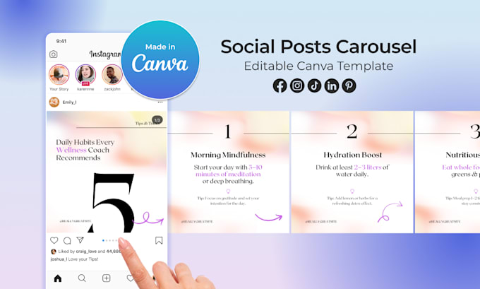 create 5 tips social media carousel editable in canva
