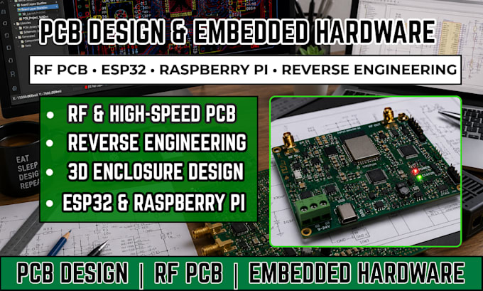 do pcb design, rf, reverse engineer, esp32, raspberry pi and enclosure