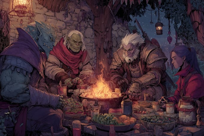 create dnd party art, fantasy character for dnd party