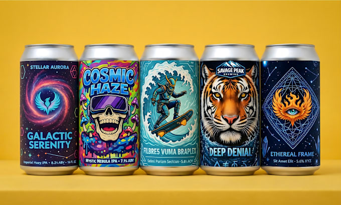 design energy drink, beer, soda, and juice can label