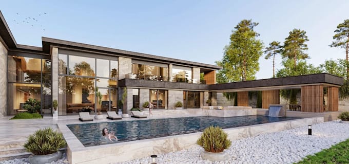 visualize 3d brick villa, wood facade design, bedrock, circular driveway render