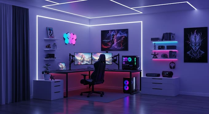 design 3d gaming room, isometric room, studio room with rendering