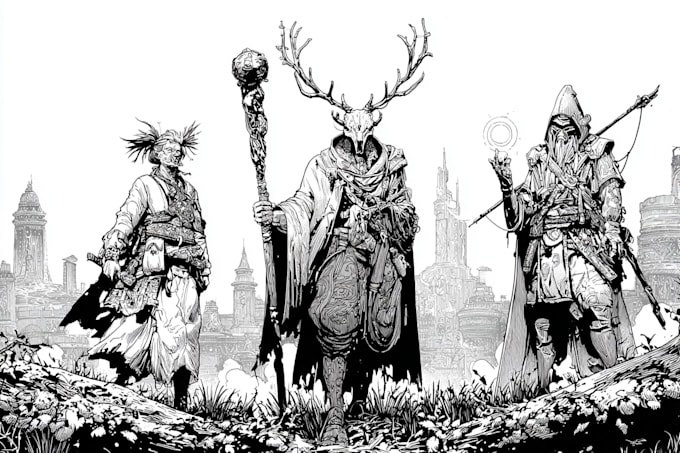Draw detailed black and white illustration fantasy, scifi, comics, dnd ...