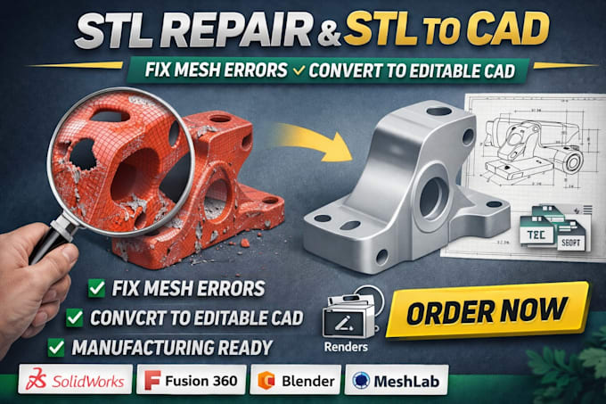 Repair broken stl, convert it to editable cad, and make it ...