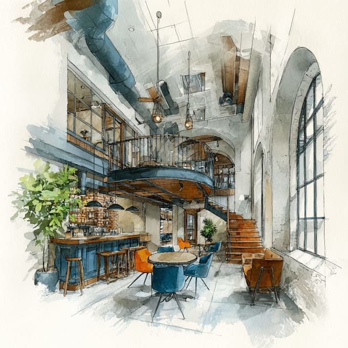 do watercolor style architectural or interior illustration