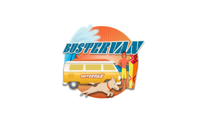 do mascot buster vans logo with a camper van and surfboard