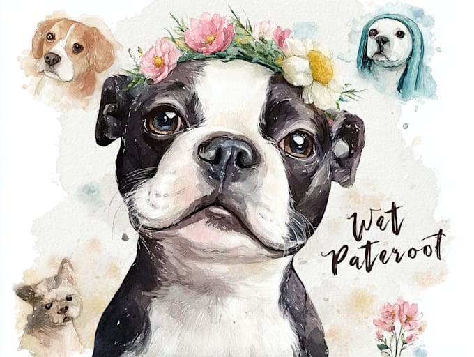 draw cute pet watercolor portrait illustration