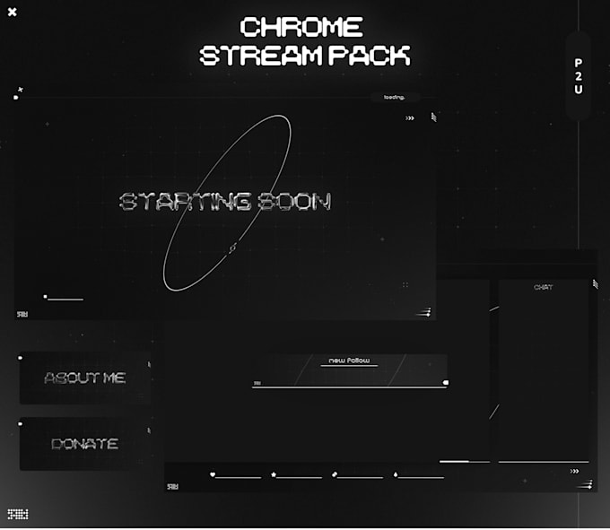 create chrome y2k animated twitch overlay pack with alerts panels and screens