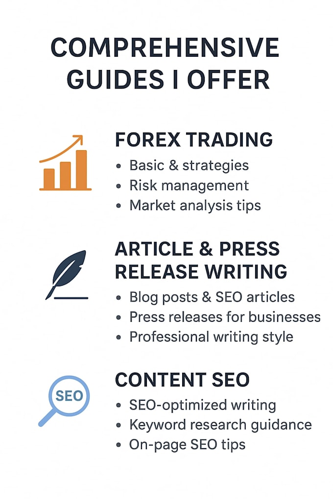 create guides on topics such as forex trading, article and content SEO