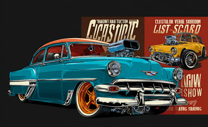 draw classic car illustration for event show tshirt