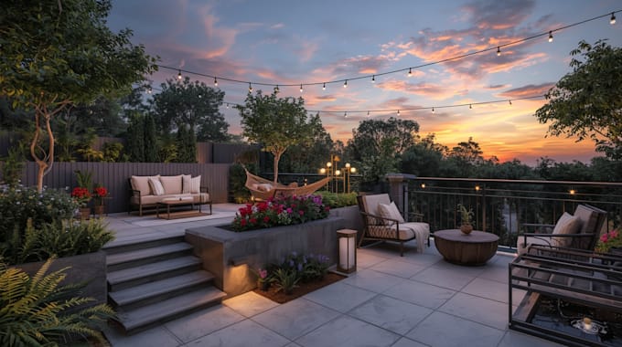 create a  landscape design, garden design, backyard, pool, and terrace
